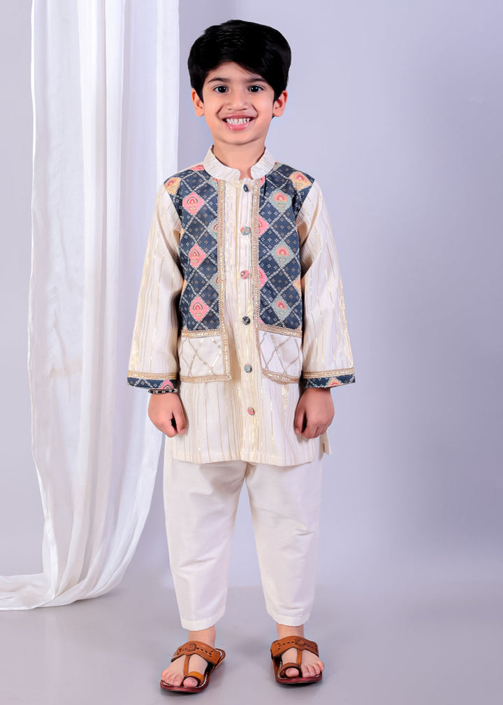 Off White Cotton Silk With Printed Attached Jacket Kurta Pyjama Set