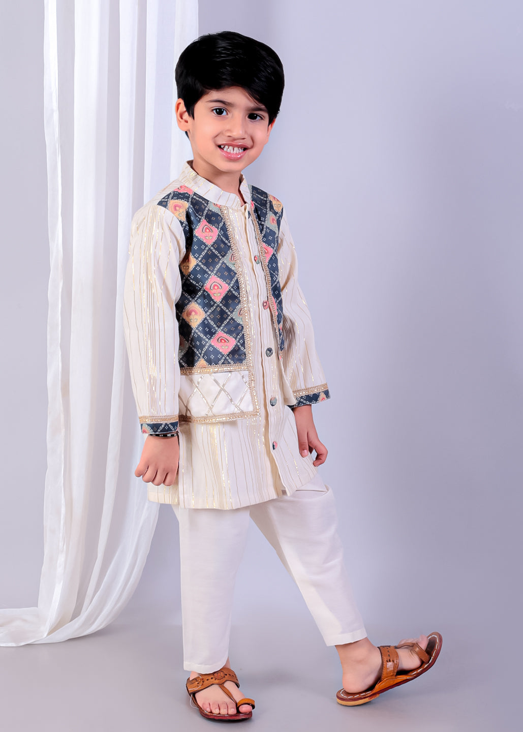 Off White Cotton Silk With Printed Attached Jacket Kurta Pyjama Set