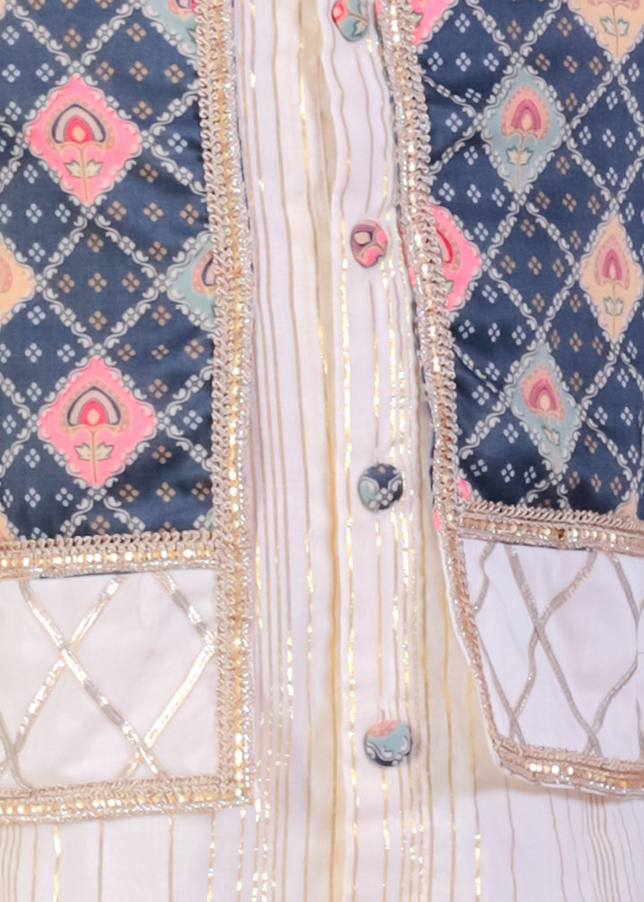 Off White Cotton Silk With Printed Attached Jacket Kurta Pyjama Set