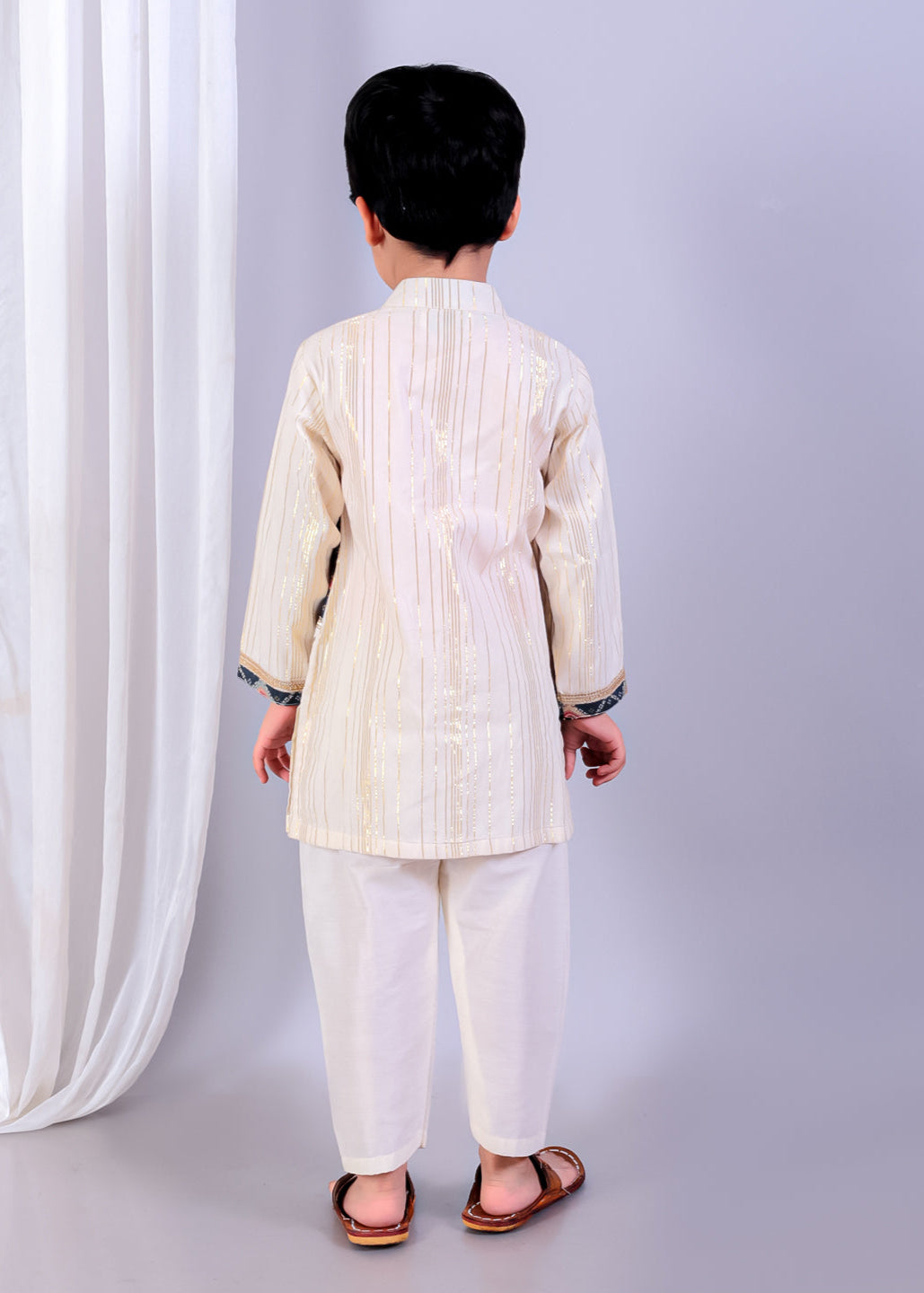 Off White Cotton Silk With Printed Attached Jacket Kurta Pyjama Set