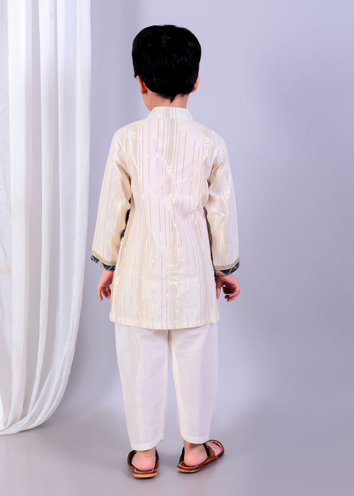 Off White Cotton Silk With Printed Attached Jacket Kurta Pyjama Set