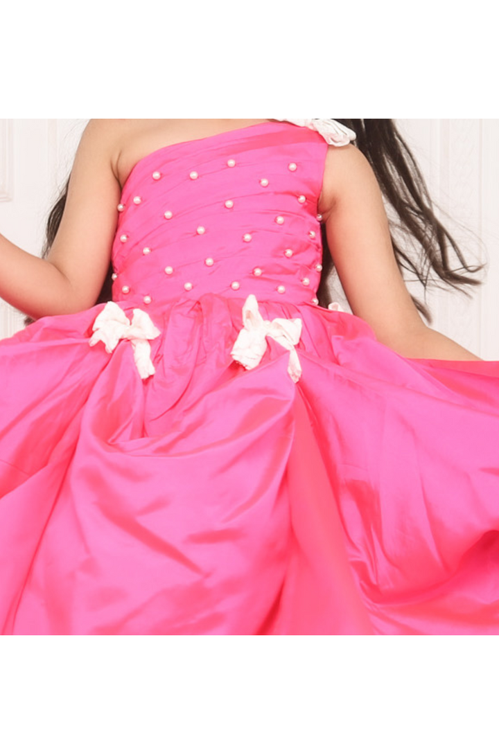 Pink Pearls And Bow Embellished One-Shoulder Gown