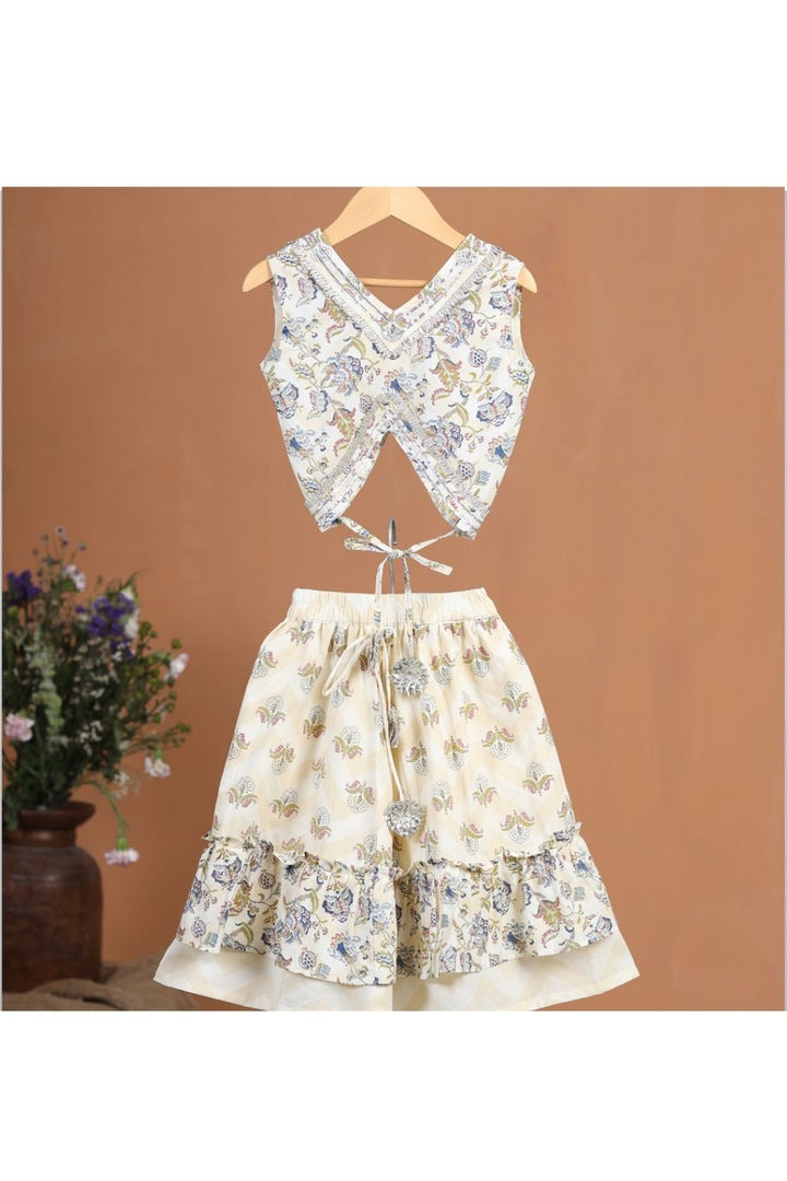 Beige Blue Floral Printed With Gota Detailing Cotton Top and Skirt Set