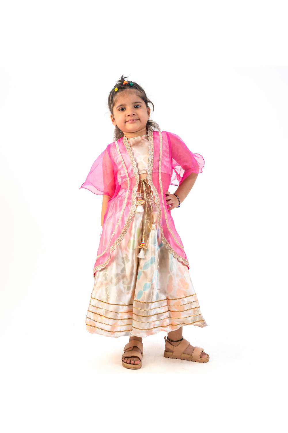 Multicolor Printed Satin Top and Palazzo With Pink Organza Jacket Set