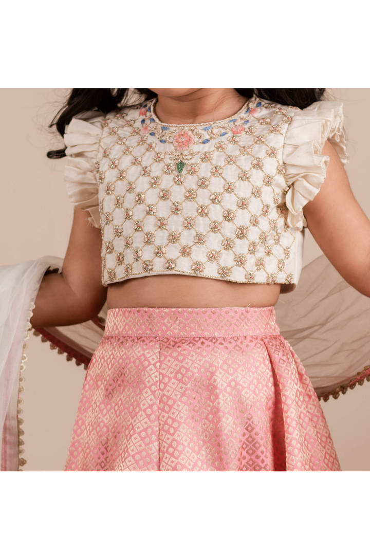 Pink Floral Embroidered Round Neck Top With Lehenga Set