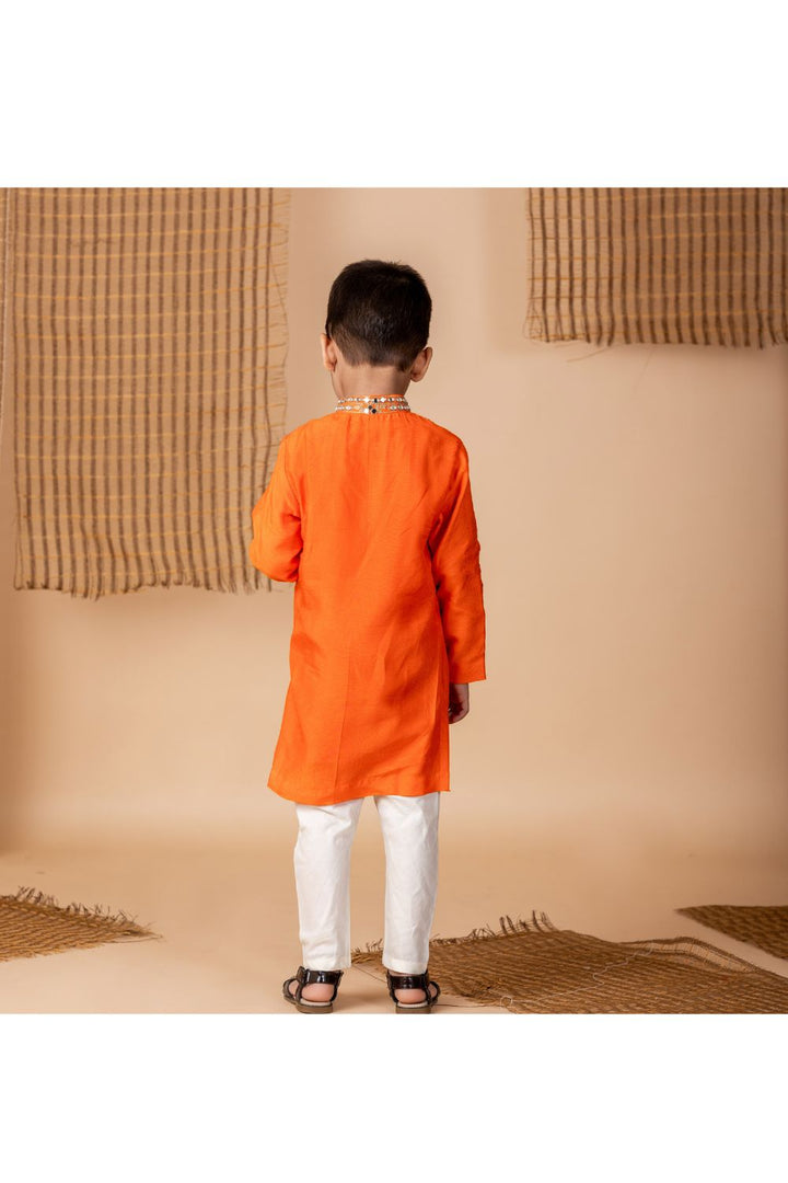 Orange Embroidered Silk Kurta With White Pyjama Set