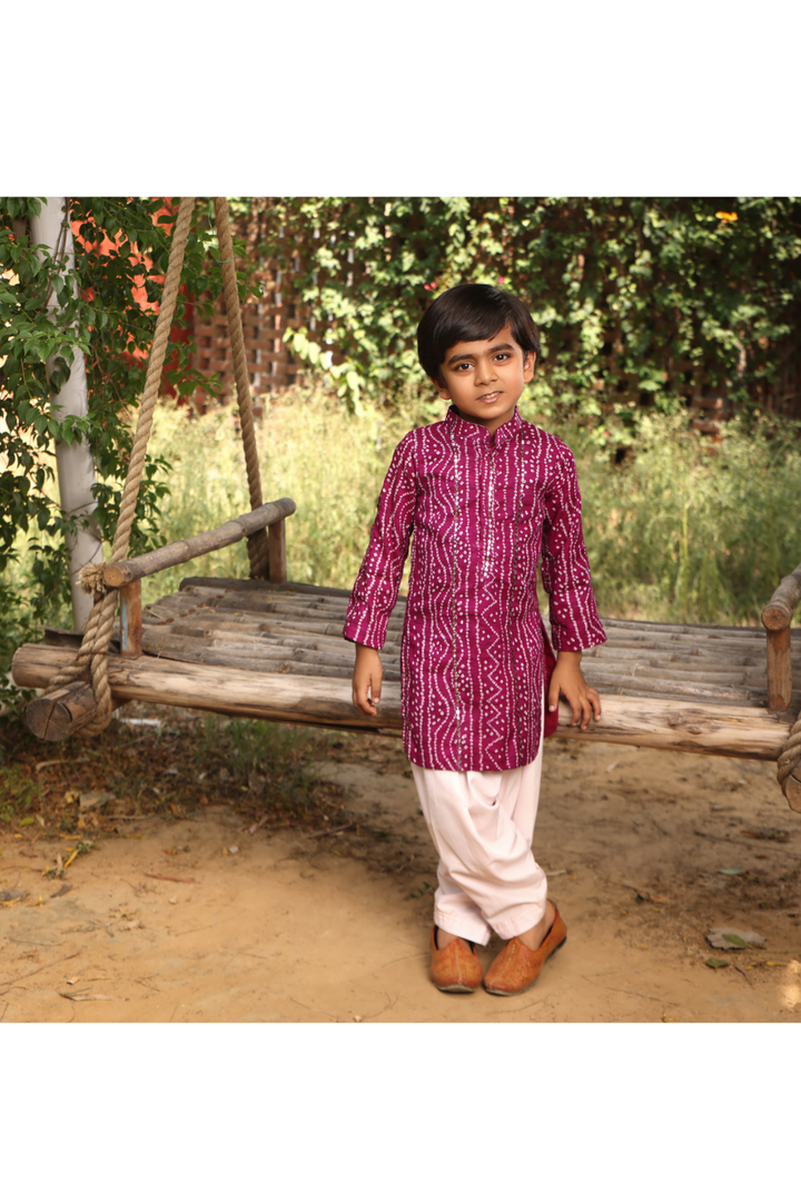 Purple Bandhej Cotton Kurta With Dhoti Set