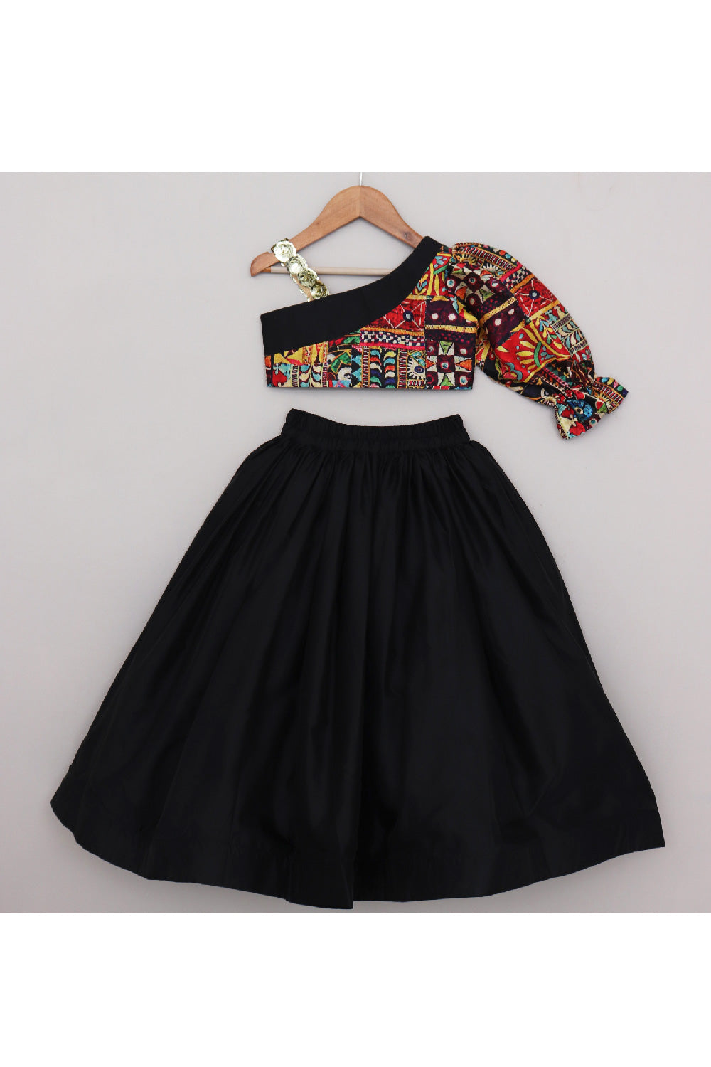 Black Abstract Printed One Shoulder Top With Lehenga Set