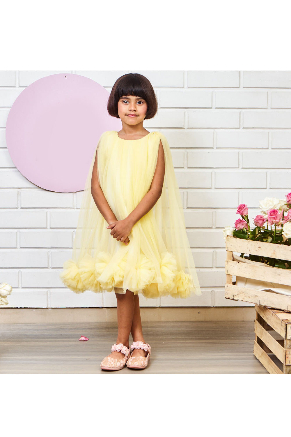White Neoprene With Net Flared And Pom Pom Detailing Dress