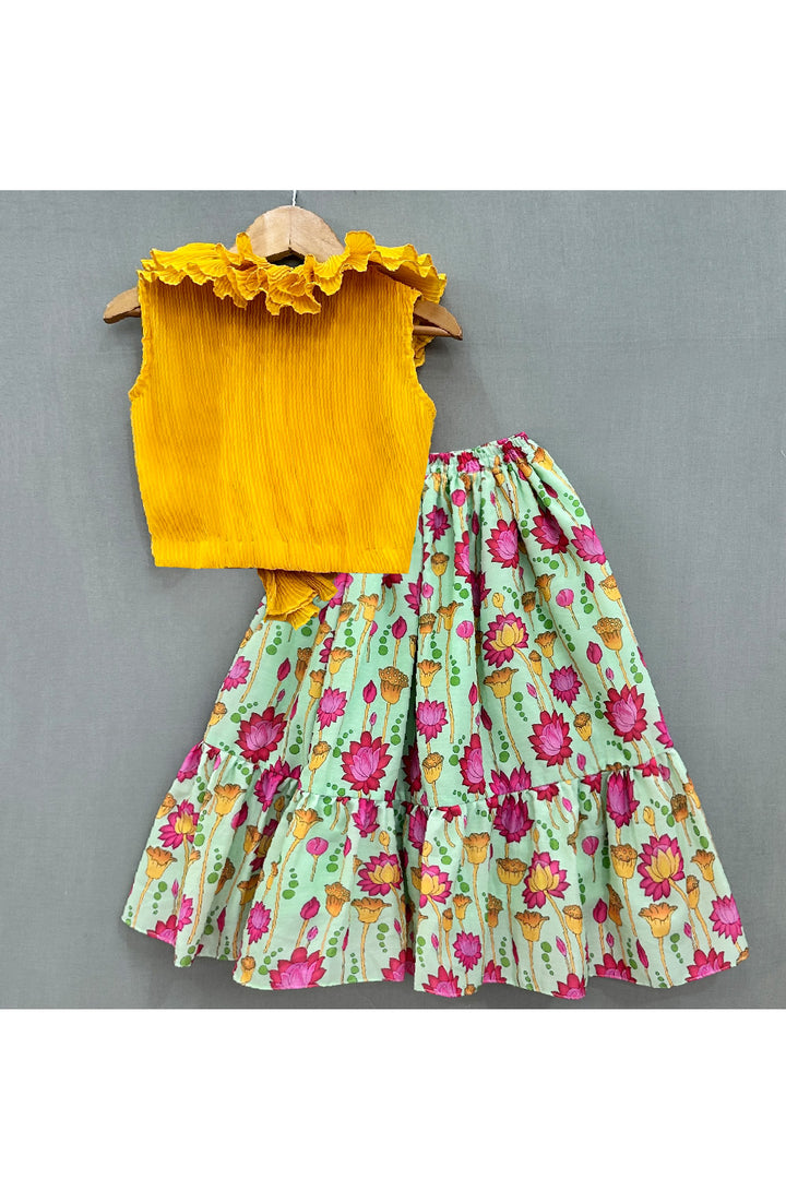 Yellow Ruffle Georgette Top With Floral Printed Lehenga Set