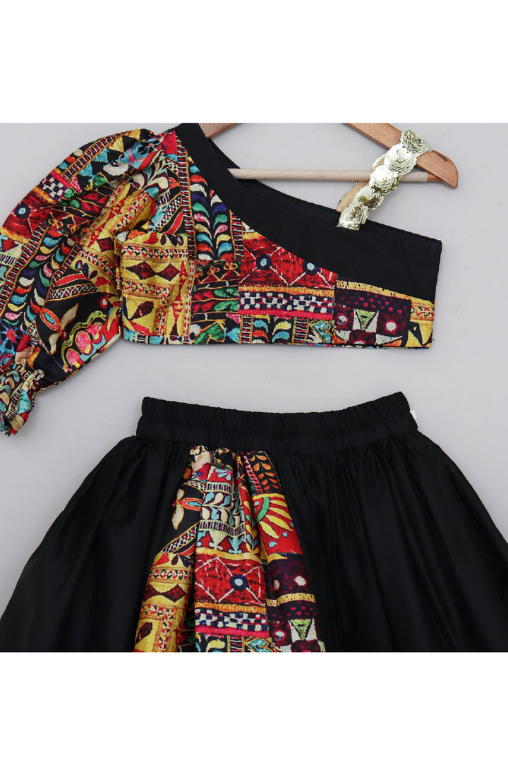 Black Abstract Printed One Shoulder Top With Lehenga Set
