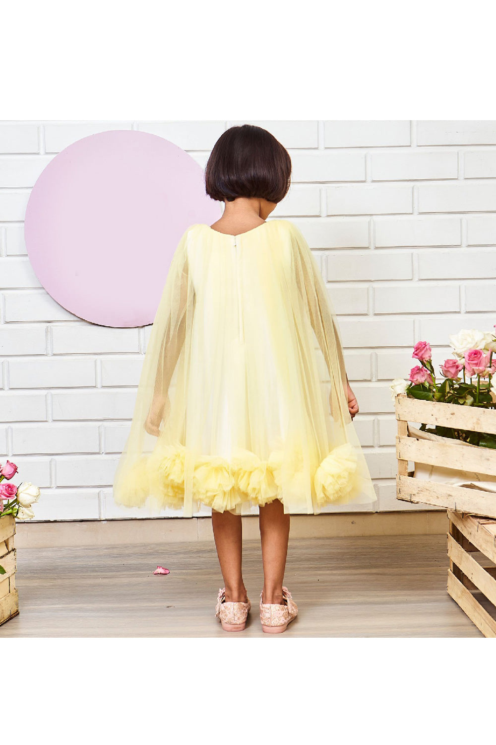 White Neoprene With Net Flared And Pom Pom Detailing Dress