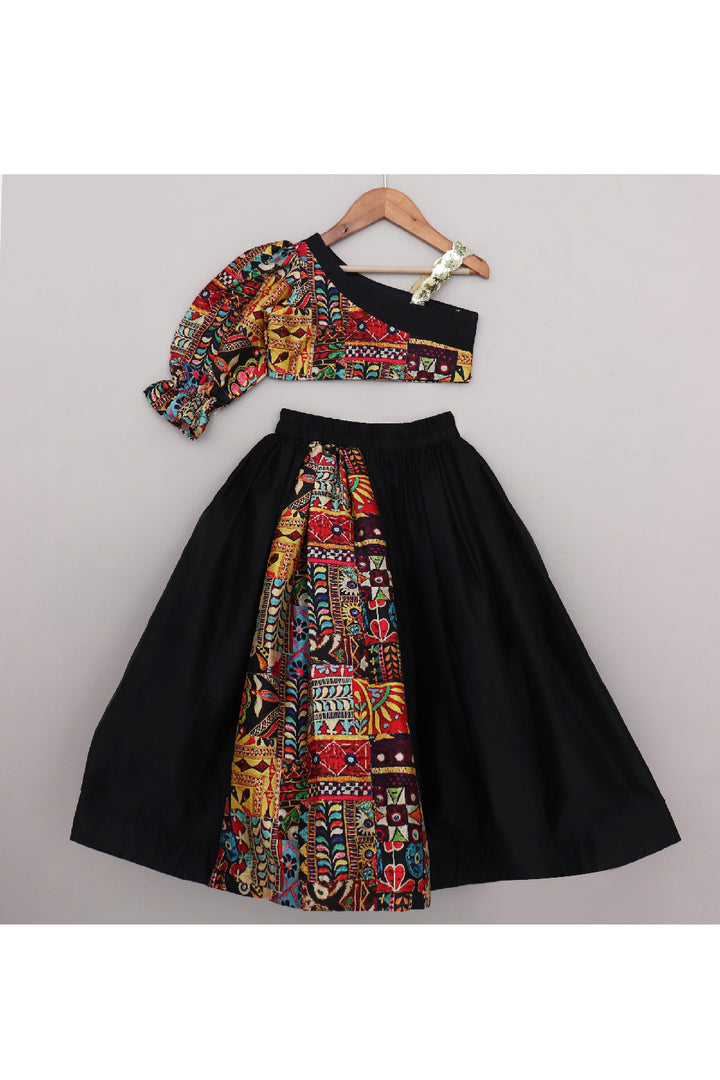 Black Abstract Printed One Shoulder Top With Lehenga Set