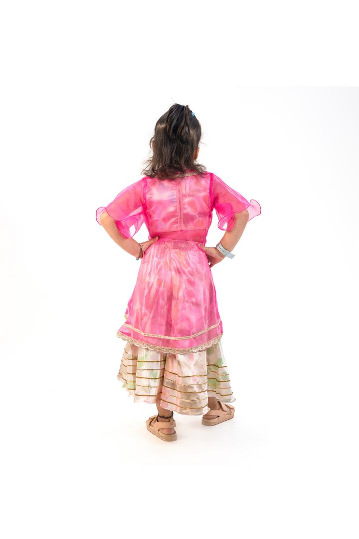 Multicolor Printed Satin Top and Palazzo With Pink Organza Jacket Set