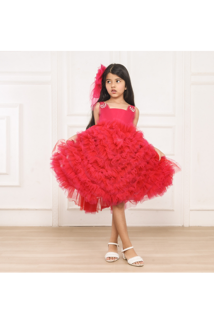 Hot Pink Pearls Embellished Ruffled Tulle Dress