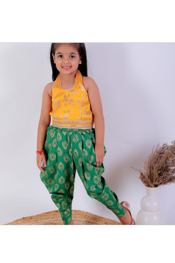 Yellow Brocade Halter Neck Top & Green Foil Printed Dhoti Pant Set