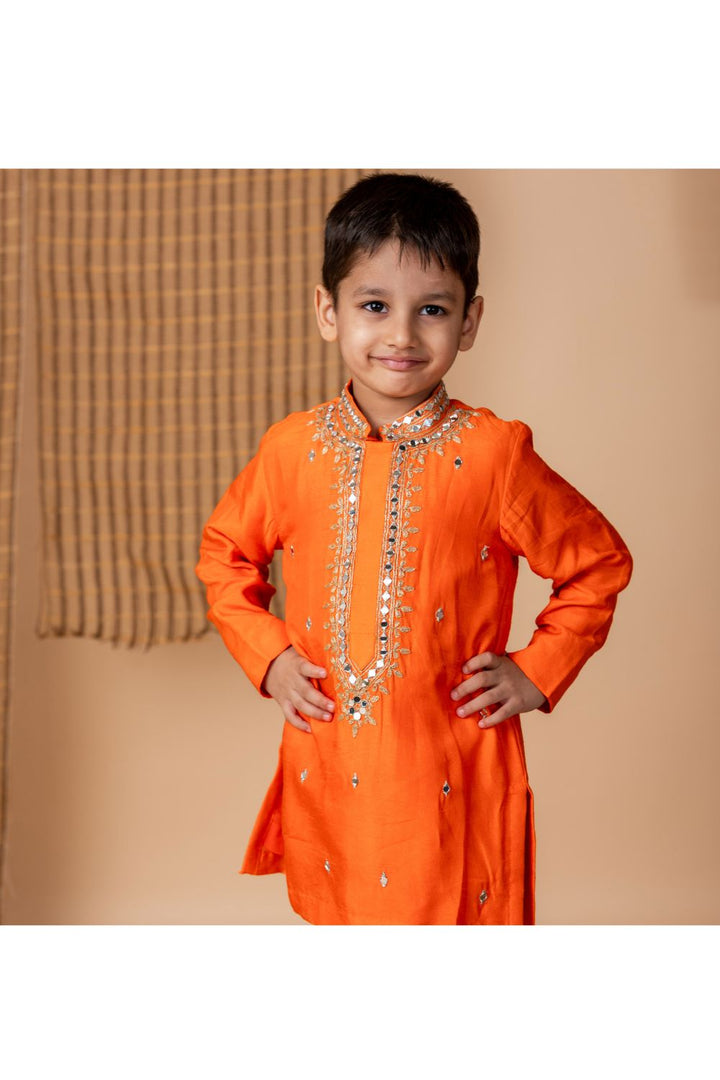 Orange Embroidered Silk Kurta With White Pyjama Set