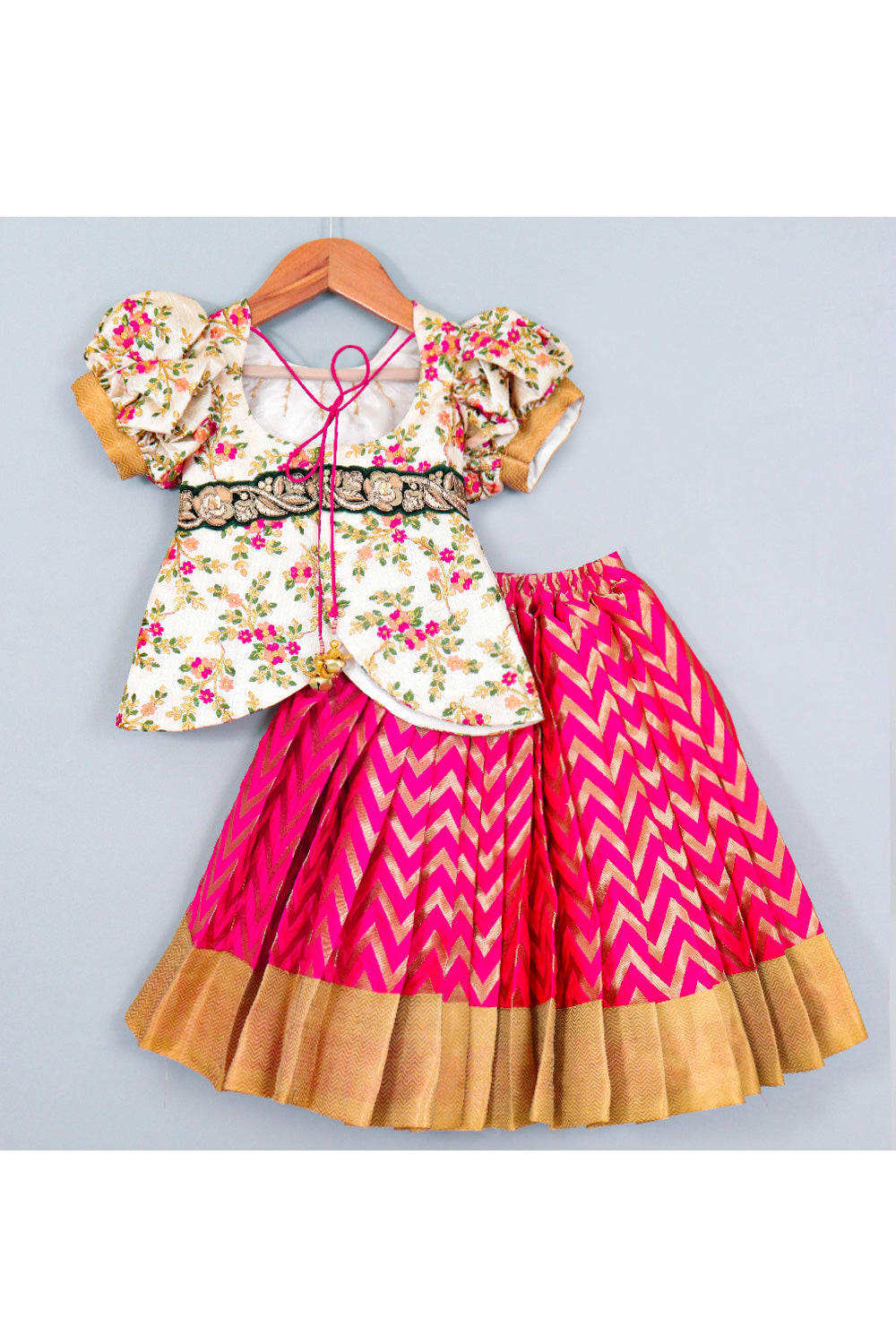 Off White Floral Embroidered Puff Sleeveless Top With Zigzag Printed Lehenga Set