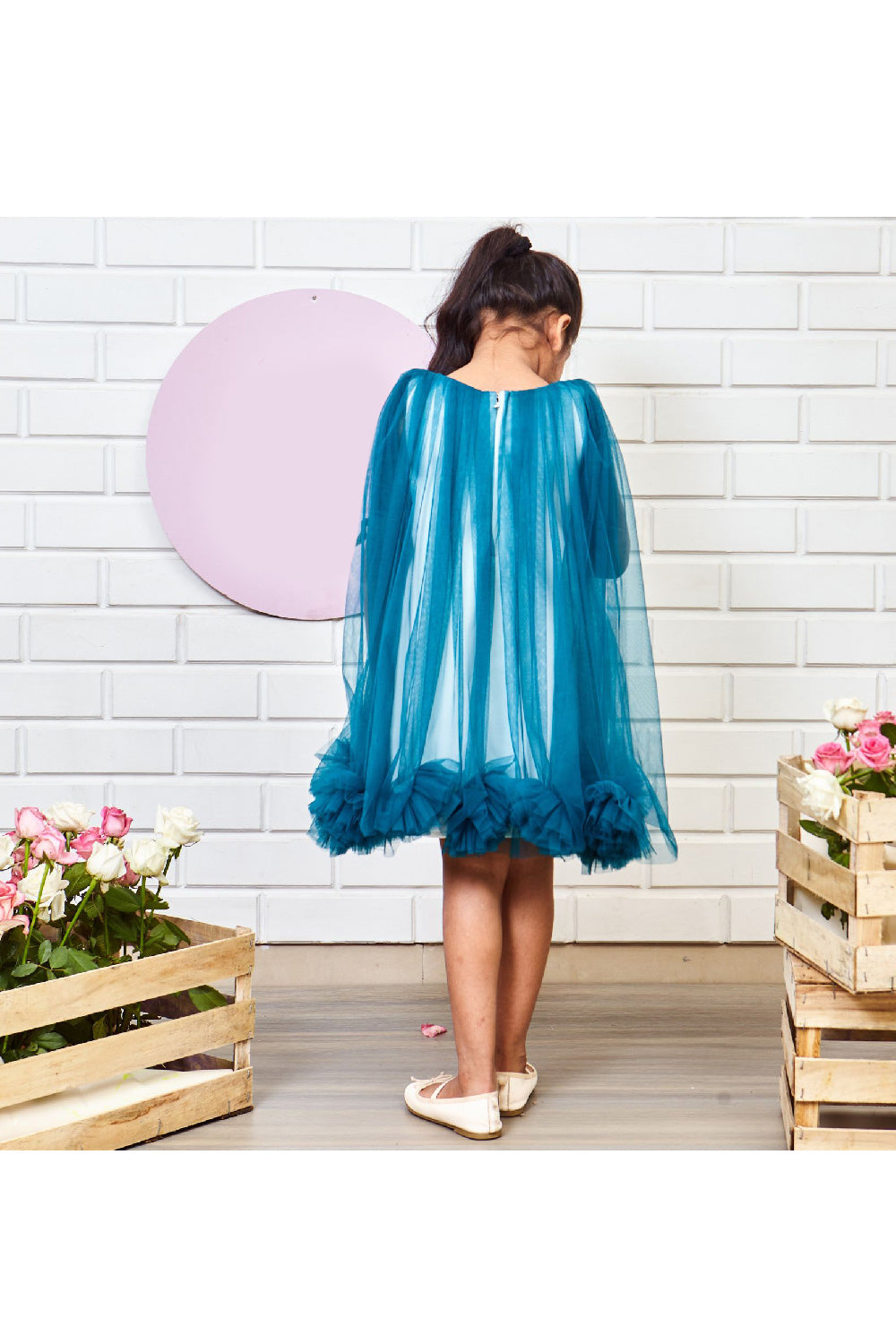 White Neoprene With Net Flared And Pom Pom Detailing Dress
