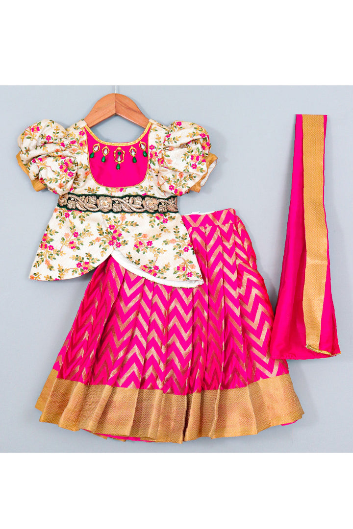 Off White Floral Embroidered Puff Sleeveless Top With Zigzag Printed Lehenga Set