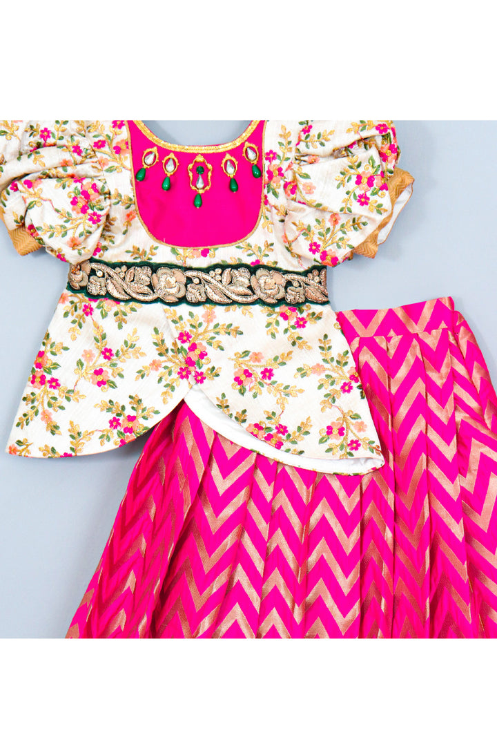 Off White Floral Embroidered Puff Sleeveless Top With Zigzag Printed Lehenga Set