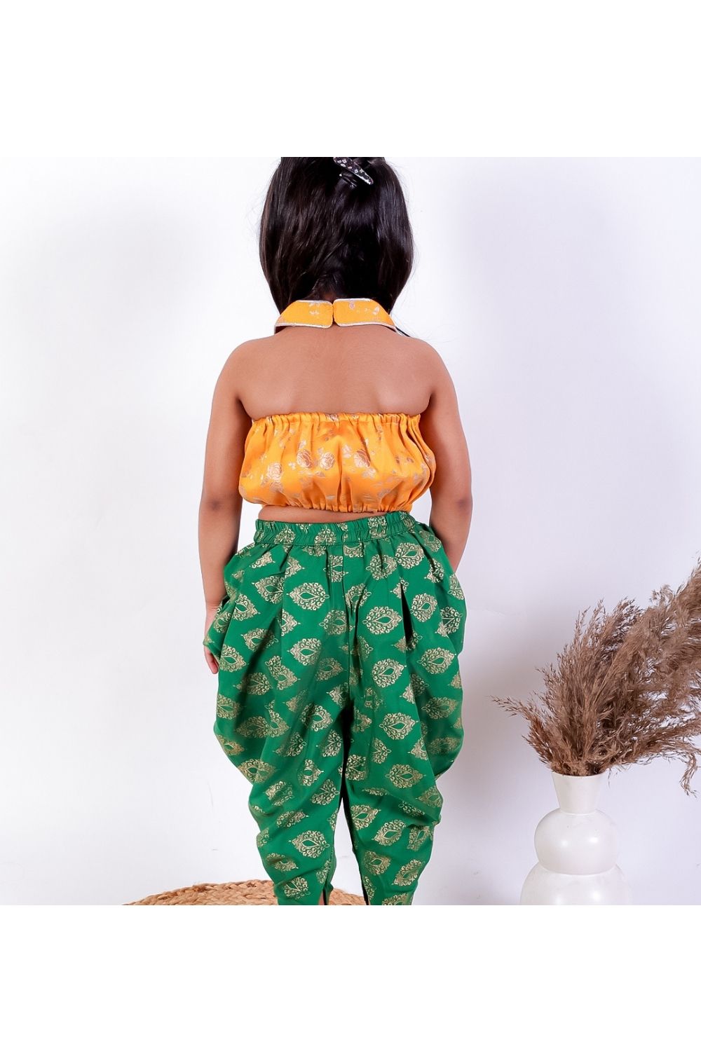 Yellow Brocade Halter Neck Top & Green Foil Printed Dhoti Pant Set