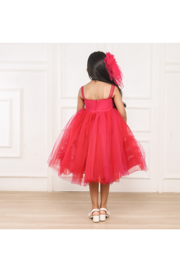 Hot Pink Pearls Embellished Ruffled Tulle Dress