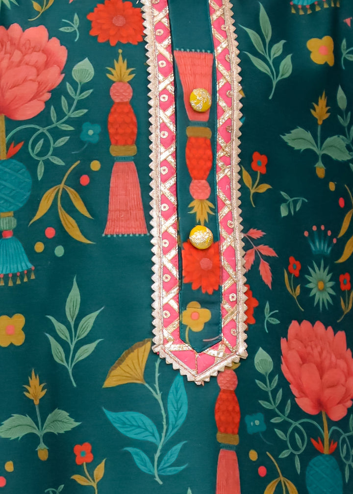 Green Mughal Digital Printed Kurta With Pyjama Set