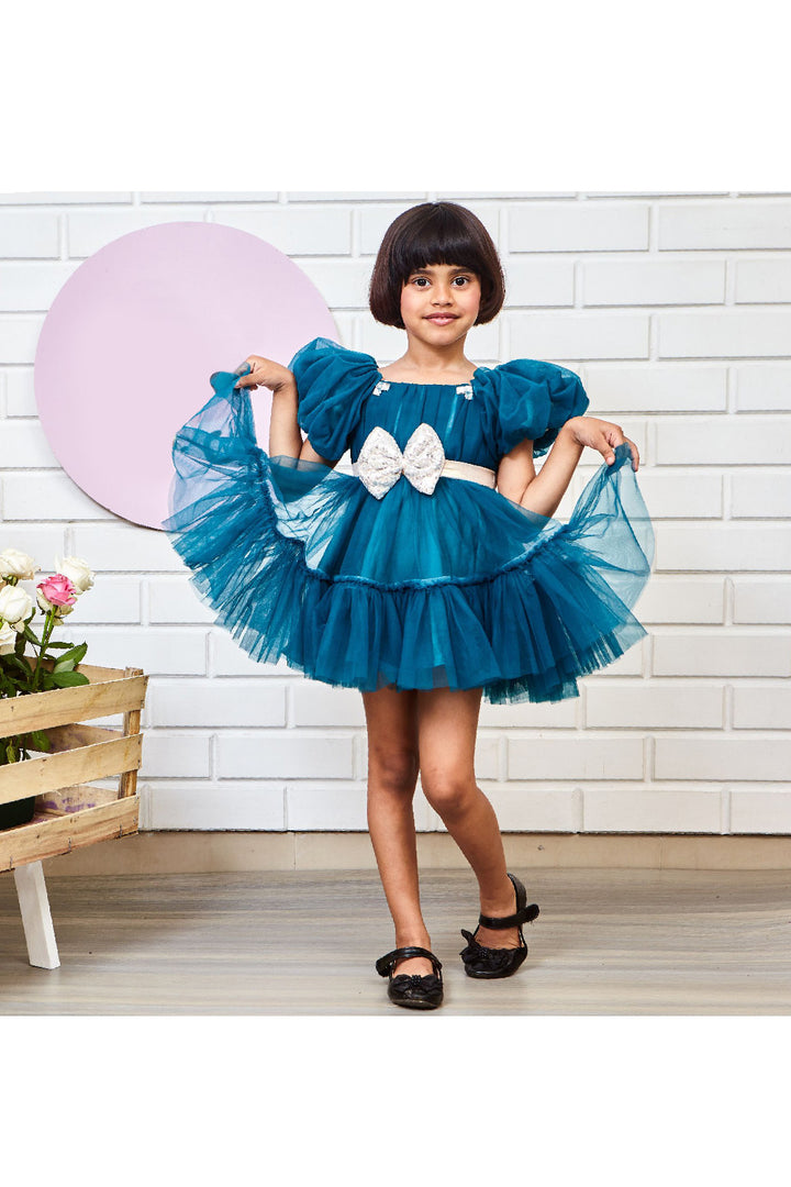 Net Puff Sleeves Dress With Sequins Bow Detailing Belt