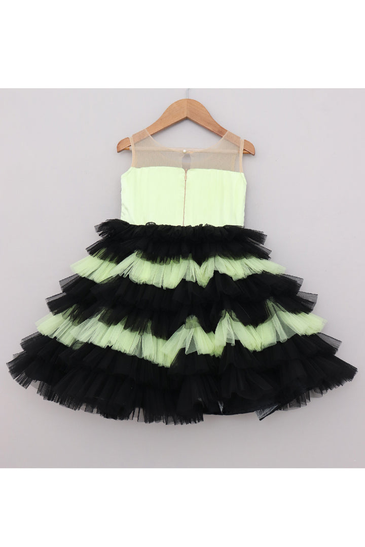 Black And Green Feather Detailing Frill Dress