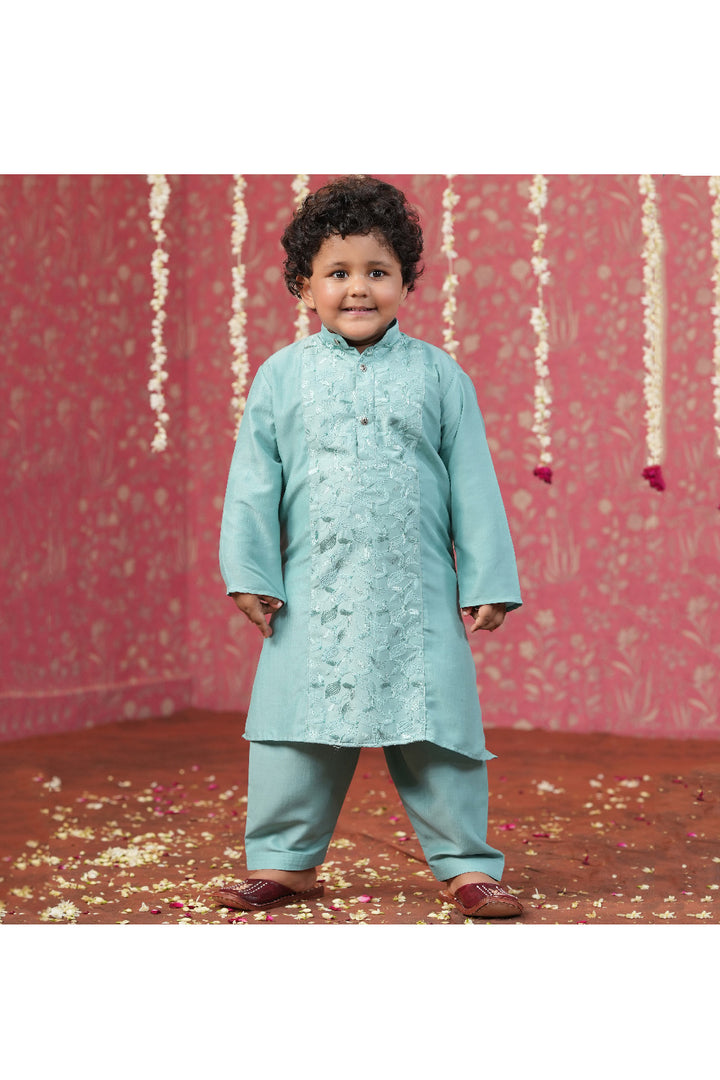 Teal Blue Thread Embroidered Kurta With Pyjama Set