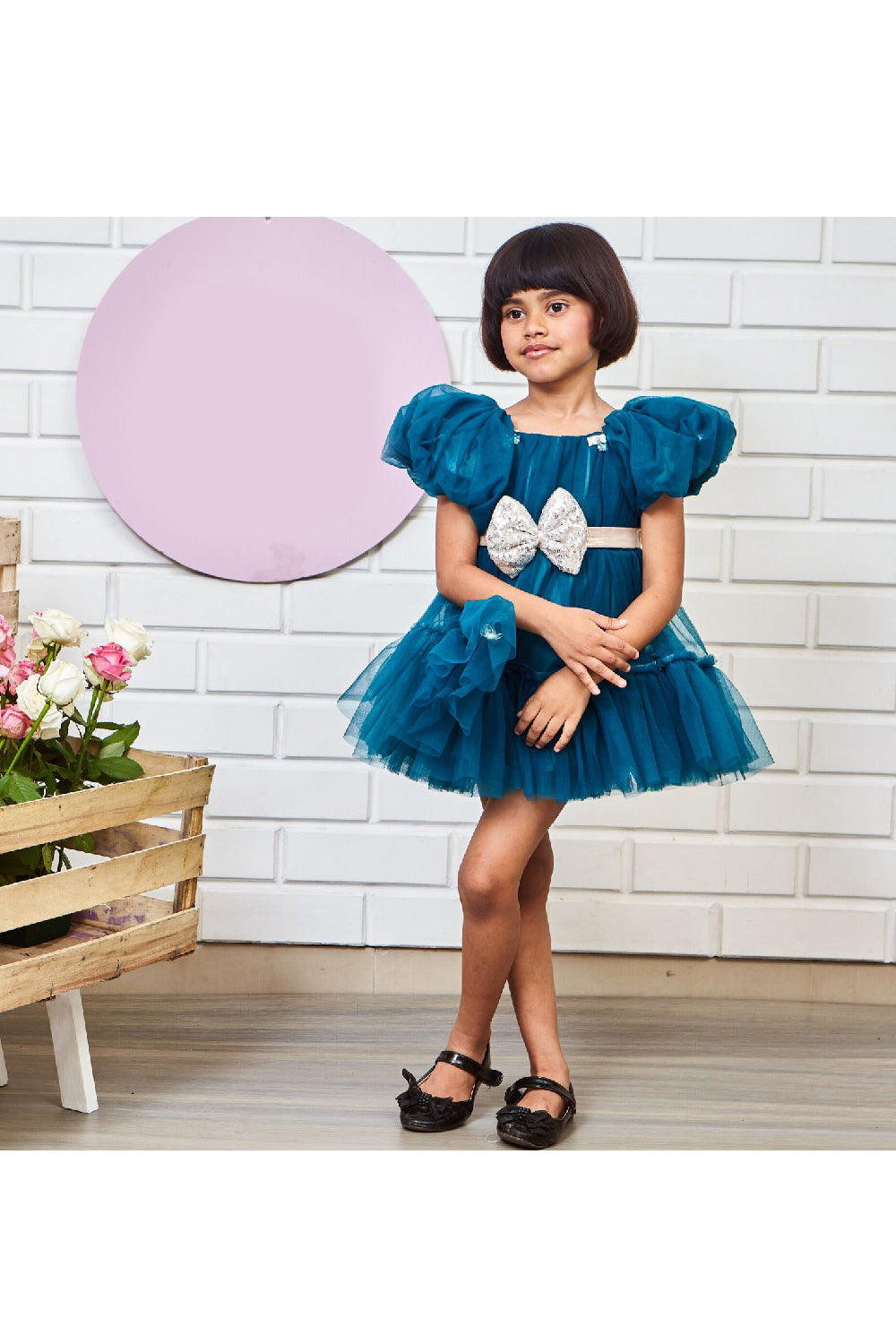 Net Puff Sleeves Dress With Sequins Bow Detailing Belt