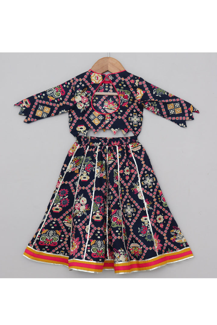 Dark Blue Patola Printed Cotton Top With Gota Detailing Lehenga Set