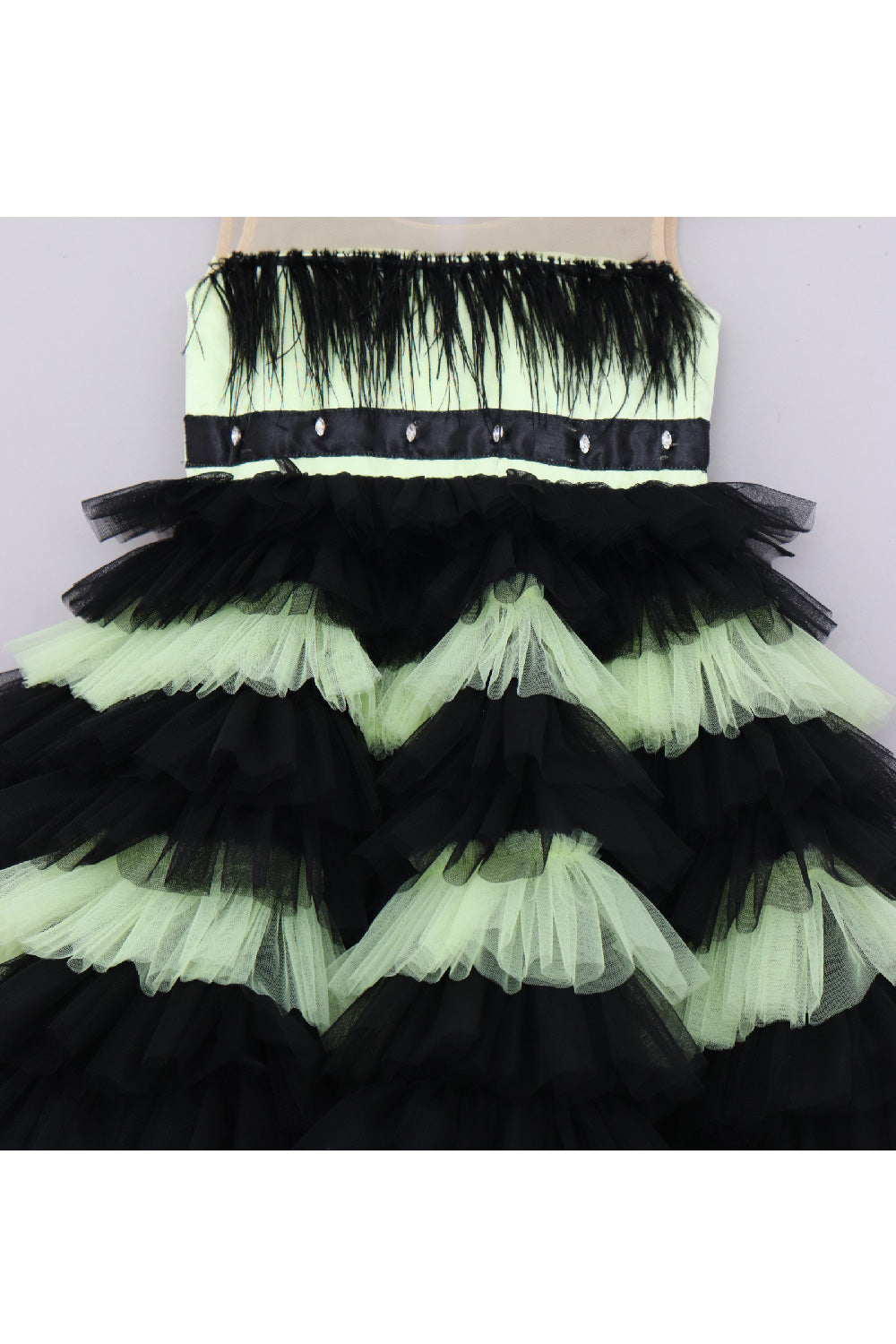 Black And Green Feather Detailing Frill Dress