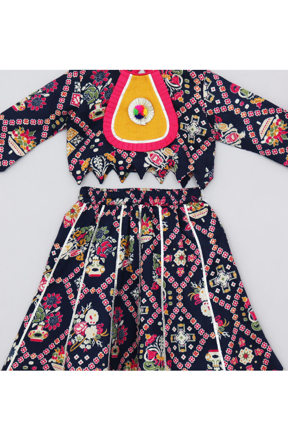 Dark Blue Patola Printed Cotton Top With Gota Detailing Lehenga Set