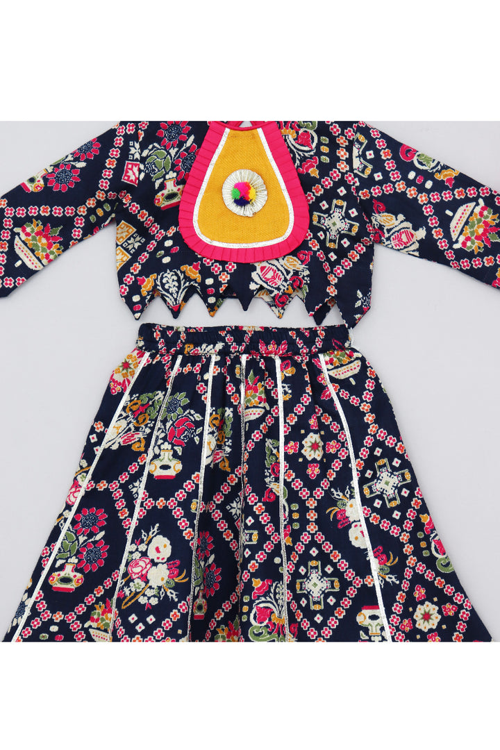 Dark Blue Patola Printed Cotton Top With Gota Detailing Lehenga Set