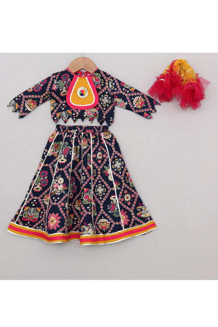 Dark Blue Patola Printed Cotton Top With Gota Detailing Lehenga Set
