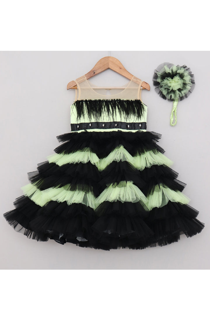Black And Green Feather Detailing Frill Dress