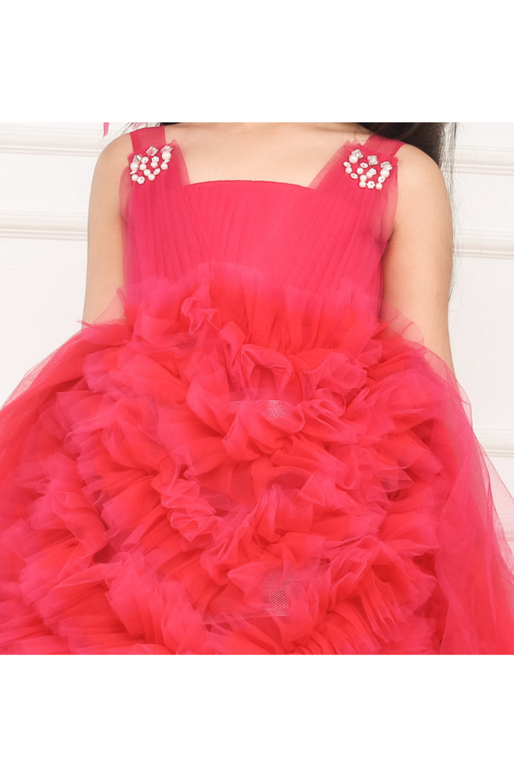 Hot Pink Pearls Embellished Ruffled Tulle Dress