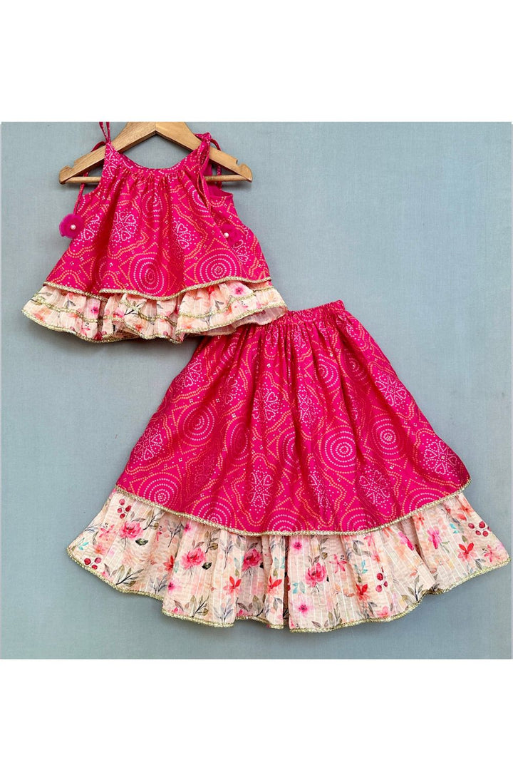 Pink Bandhej Multicolor Floral Printed Top Lehenga Set