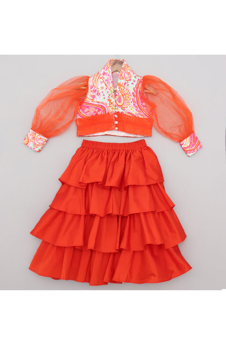 Orange Printed Puff Sleeves Crop Top With Layered Lehenga Set