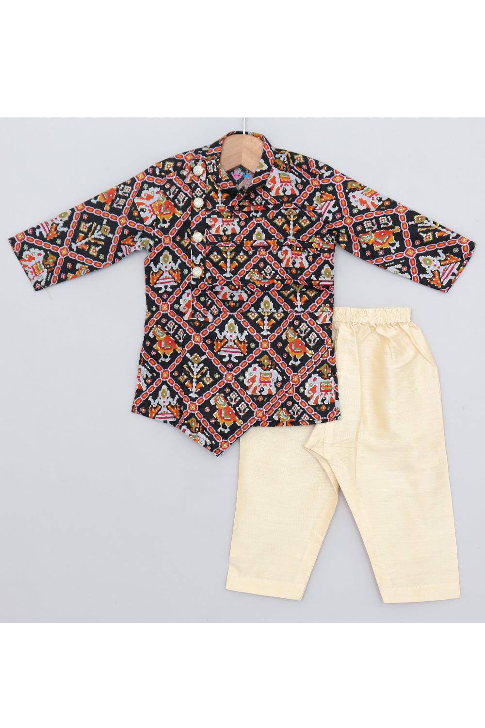 Black Patola Printed Cotton Silk Asymmetrical Kurta With Pyjama Set