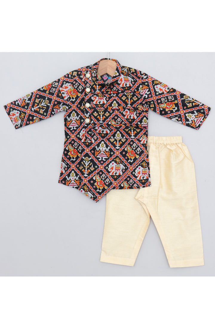 Black Patola Printed Cotton Silk Asymmetrical Kurta With Pyjama Set