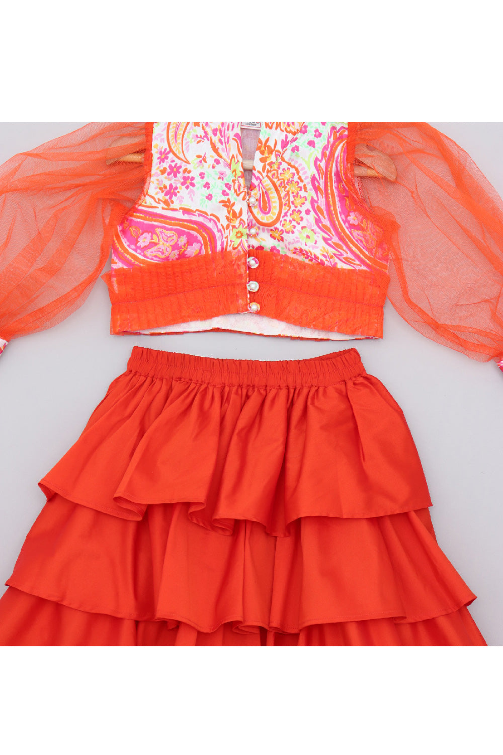 Orange Printed Puff Sleeves Crop Top With Layered Lehenga Set