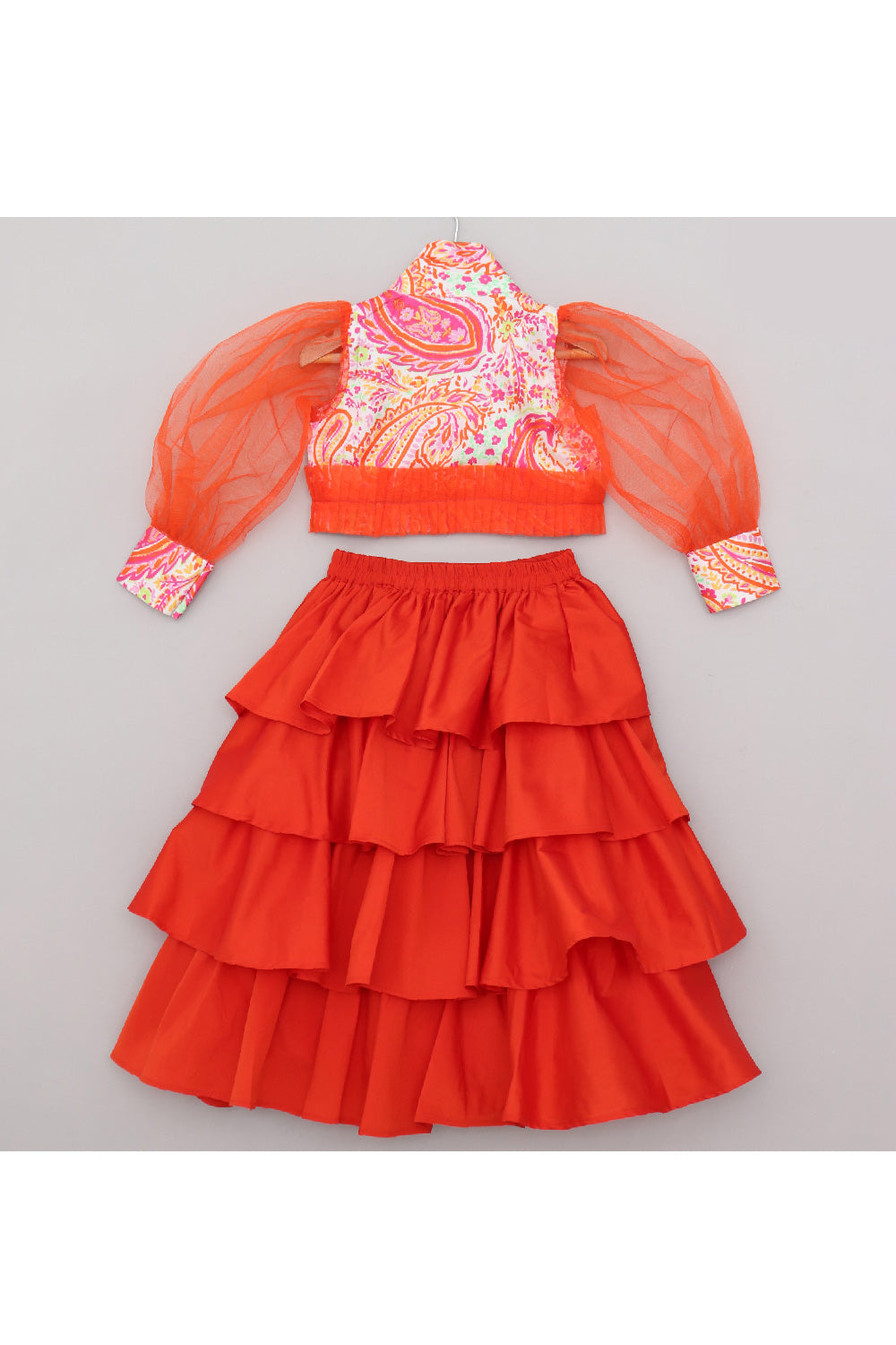 Orange Printed Puff Sleeves Crop Top With Layered Lehenga Set