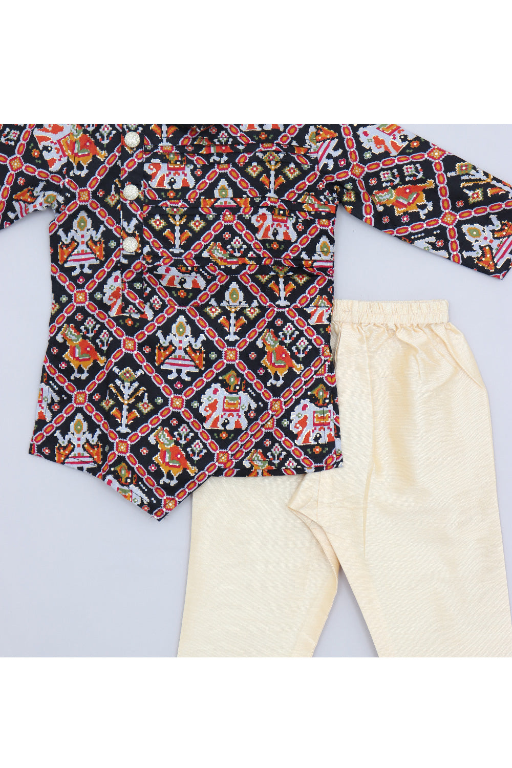 Black Patola Printed Cotton Silk Asymmetrical Kurta With Pyjama Set
