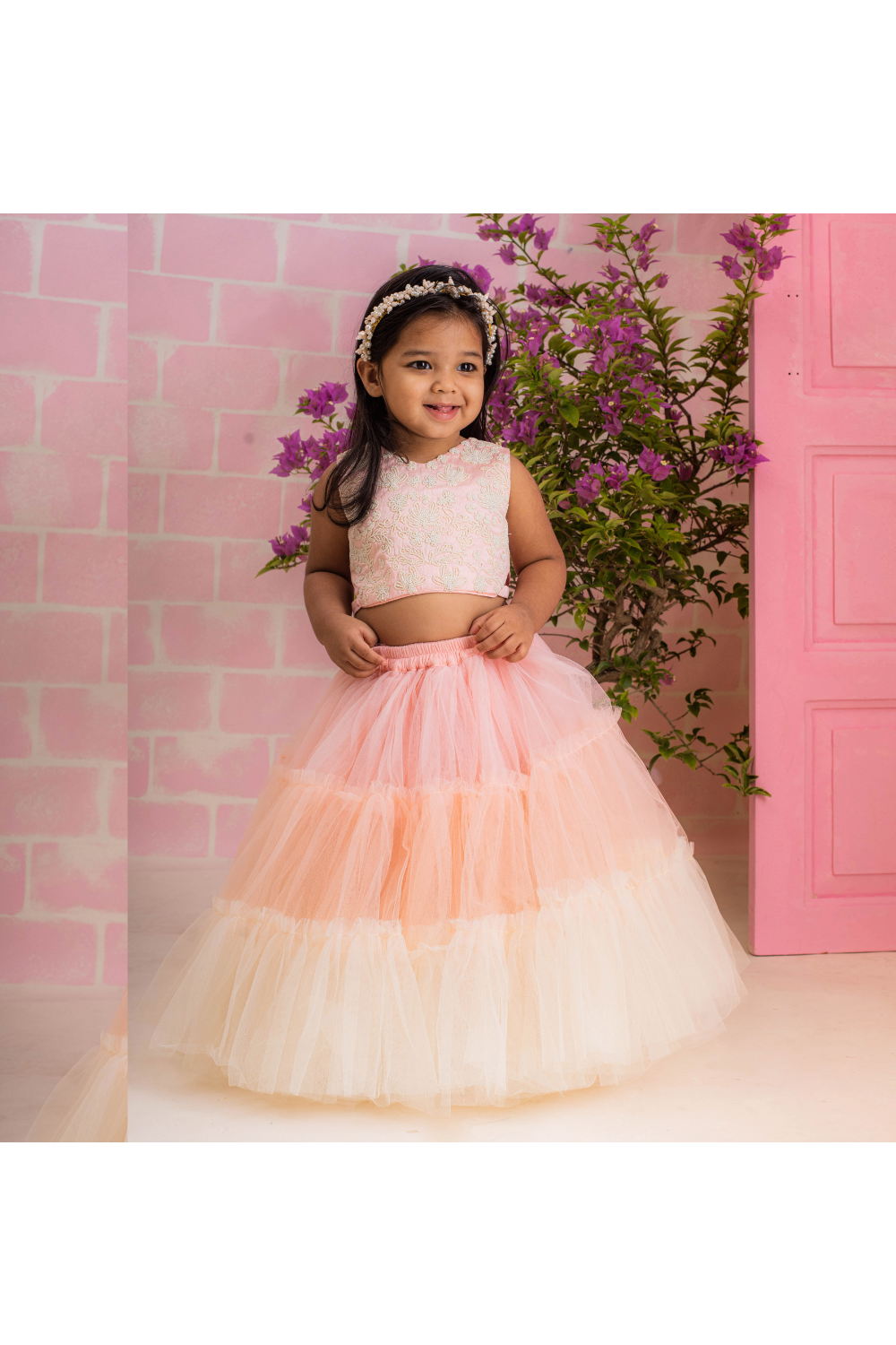 Peach Pearl Embroidered Tie-Knot Top With Tiered Lehenga Set