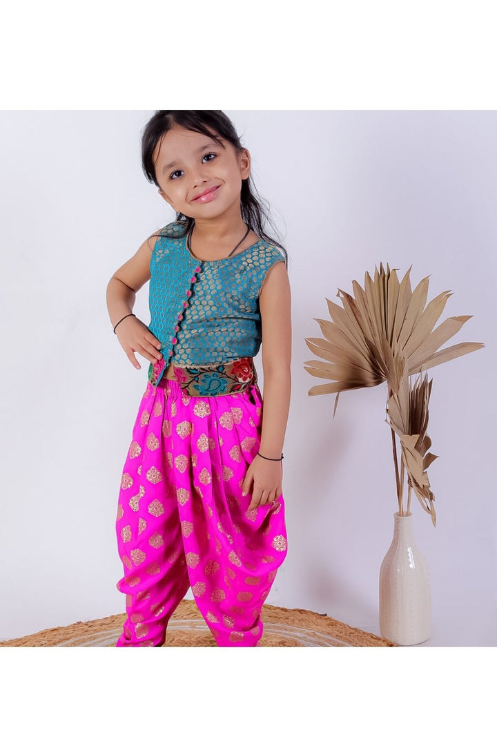 Turquoise Brocade Top & Foil Printed Pink Dhoti Pant Set