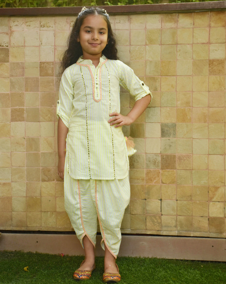 Green Cotton Printed Kurti With Dhoti Set