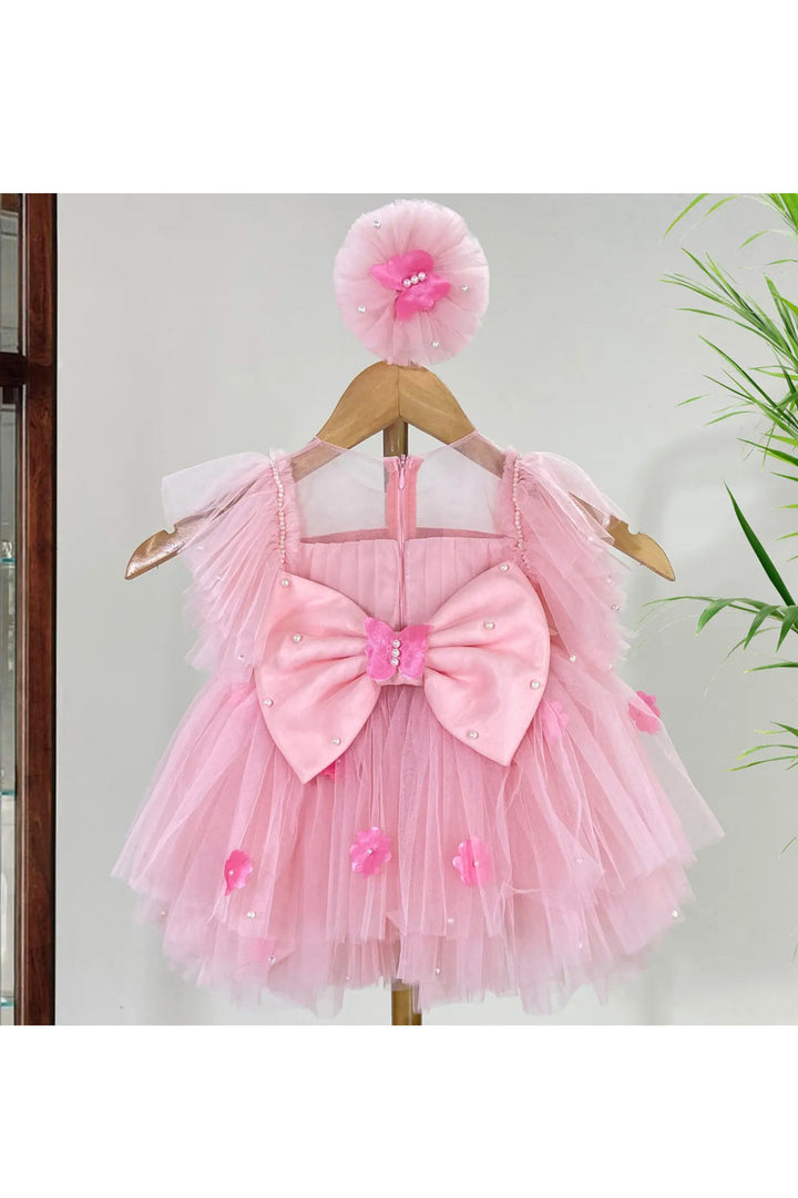 Pink Butterflies And Flowers Embellished Net Dress